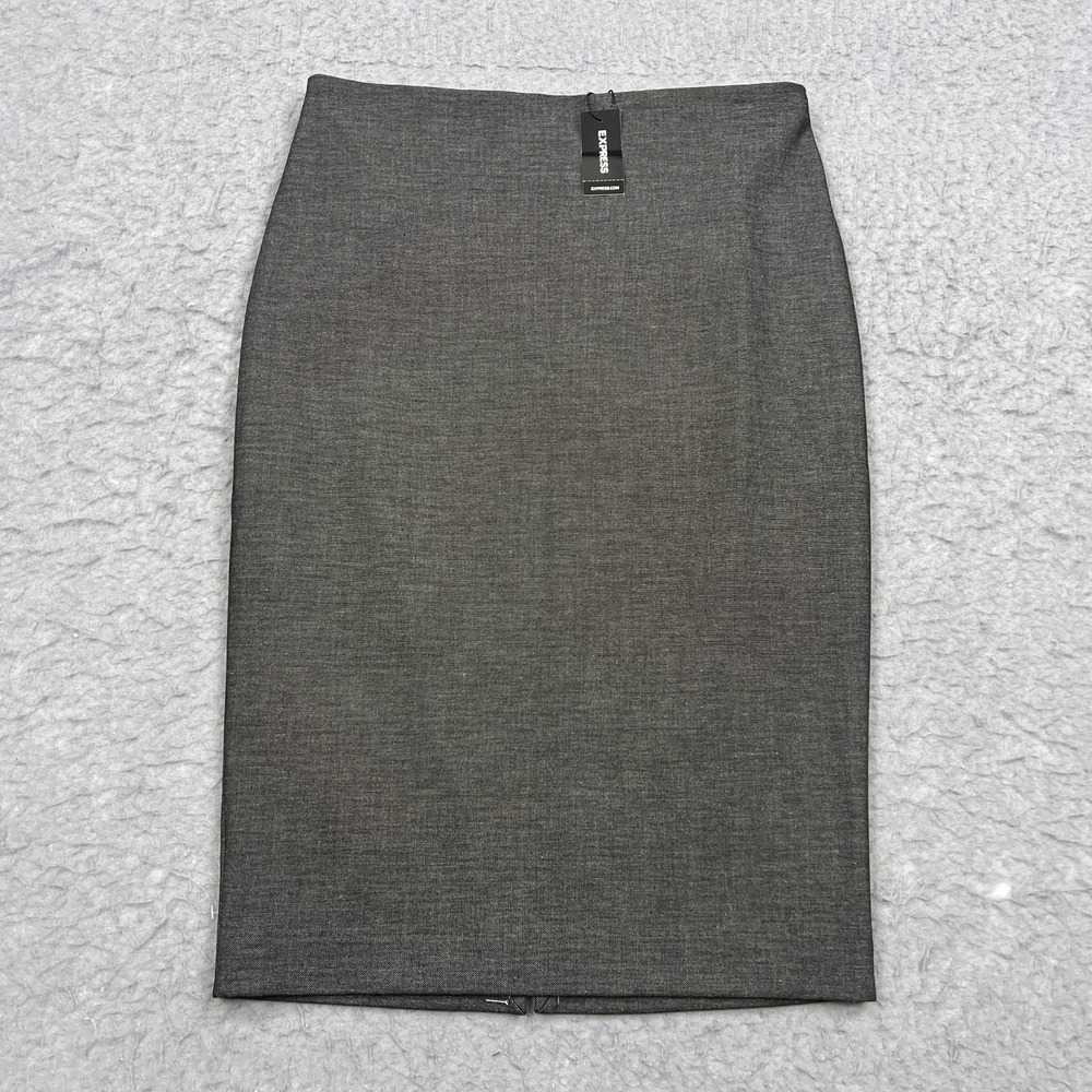 Express Pencil Skirt Womens 6 Gray Woven Stretch Lined Work Preppy Zip Midi Slit
